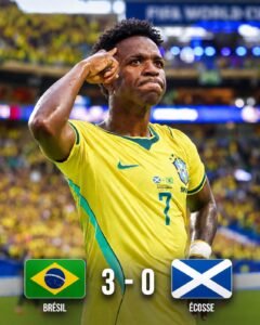Le Brésil s’impose 3-0 face à l’Écosse grâce à un double de Vinicius